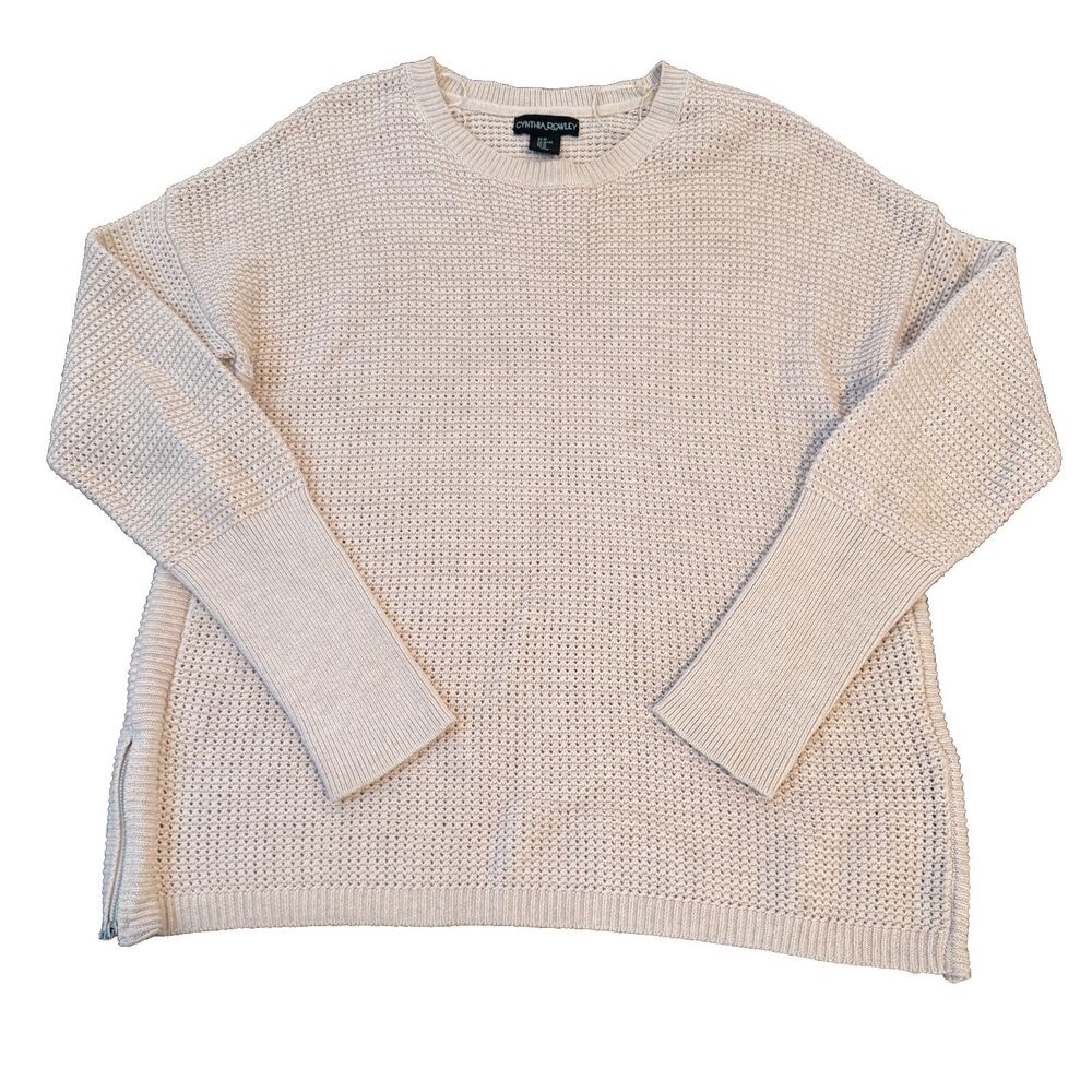 Cynthia Rowley Womens XL Cream Cotton Waffle Knit Sweater Side Zip Oversized